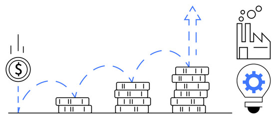 Coin bouncing upward onto stacked coins, factory, lightbulb with gear. Ideal for finance, investment, innovation, business growth, strategy industry economic development. Simple flat metaphor
