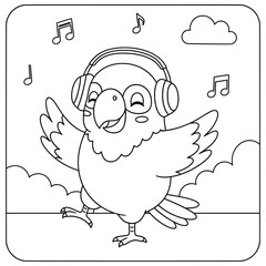 Cute parrot dancing with headphones and music notes in the background. Fun black and white coloring page for kids featuring a happy bird enjoying music