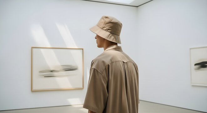 A person wearing a hat and jacket stands in a gallery, looking at artwork on the white walls.
