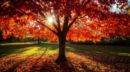 Sunlight Through Autumn Red Leaves on Tree in Park Ideal for Fall Season Promotions Nature Wallpapers and Outdoor Advertisements