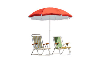 folding chairs underneath a beach umbrella isolated on transparent background