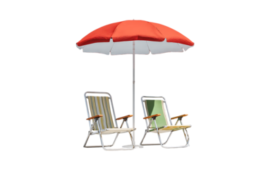 folding chairs underneath a beach umbrella isolated on transparent background