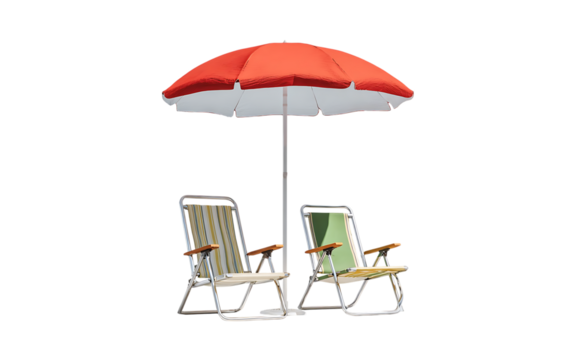 folding chairs underneath a beach umbrella isolated on transparent background