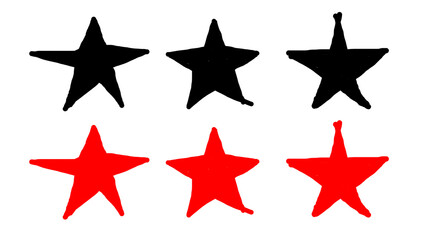 Hand-drawn star icons set. Black and red sketched or painted grunge stars for rating or design elements.