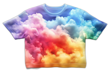 Colorful cloud print on a t-shirt, vibrant blues and whites. Isolated on transparent background.