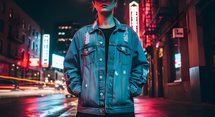 Obraz premium A person stands in a neon-lit city street wearing a denim jacket.