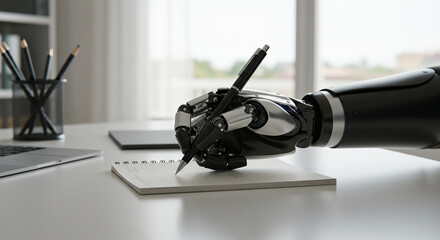 Robotic hand writing in a notebook at a modern office desk. Future technology and AI concept.