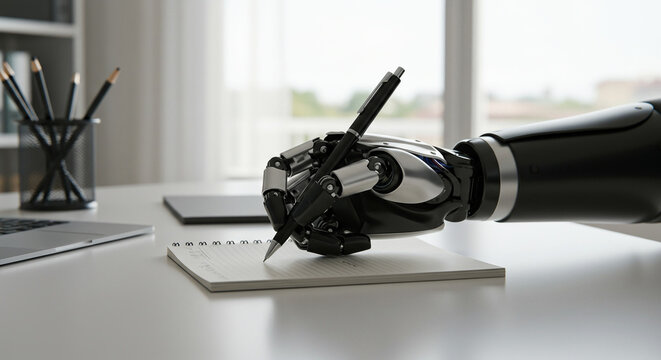 Robotic hand writing in a notebook at a modern office desk. Future technology and AI concept.