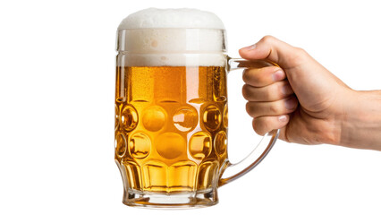 Hand Holding a Full Beer Mug with Frothy Head on white background