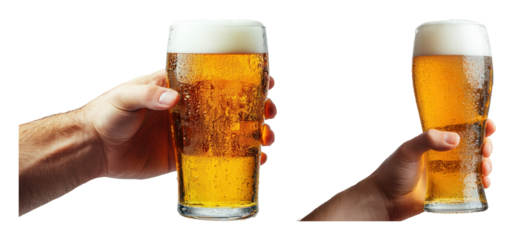 Hands holding tall glasses of cold beer with frothy tops and condensation transparent background