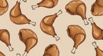 Cartoon style seamless pattern featuring an array of delicious roasted chicken legs against a