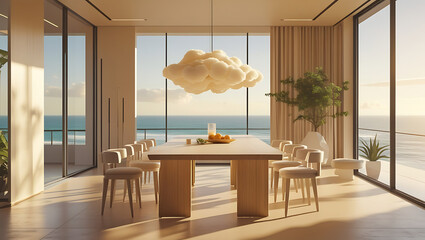 Minimalist luxury dining room in warm beige and cream tones, panoramic ocean view through large floor-to-ceiling windows, soft golden sunlight, light oak wood dining table with matching stools, modern