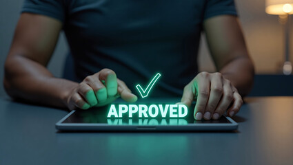 Hands touch a tablet showing "APPROVED" with a green checkmark.