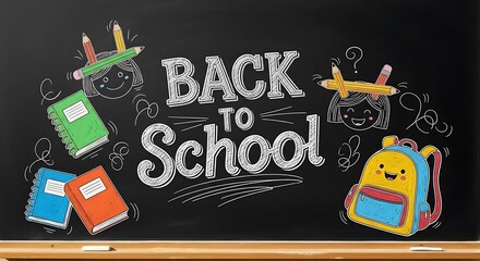 Back to school chalkboard drawing with books, backpack, and happy student illustrations in cartoon style