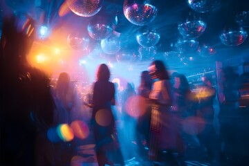 Obraz premium Dim lighting, dancing crowd, disco balls.