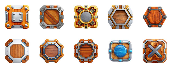 Assorted decorative panels in wood and metal.