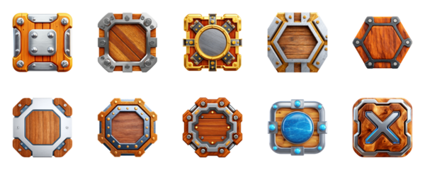 Assorted decorative panels in wood and metal.