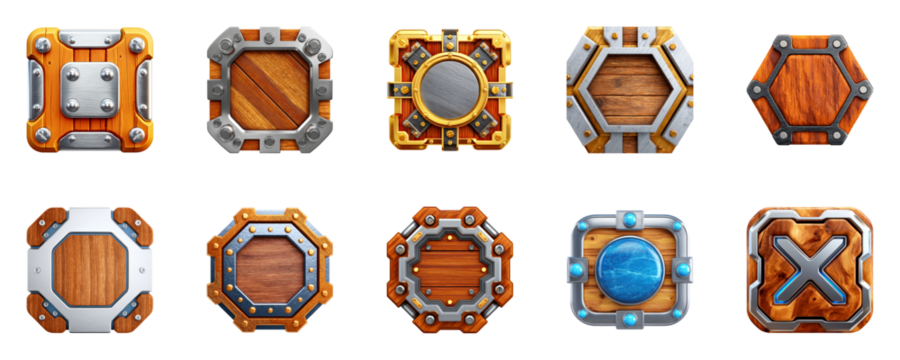 Assorted decorative panels in wood and metal.