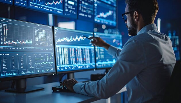 Man analyzing financial data on multiple screens