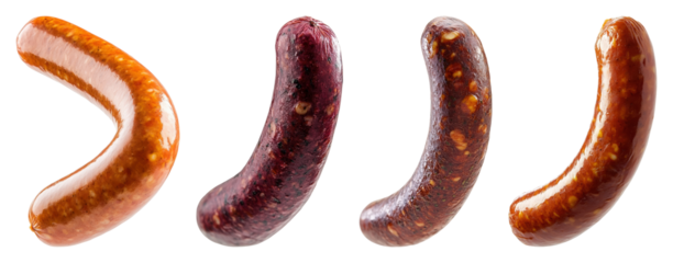 Four raw sausages displaying varied textures and colors ready to isolate transparent background