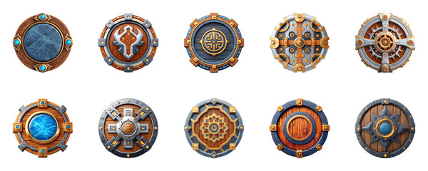 Collection of decorative shields with varied designs.