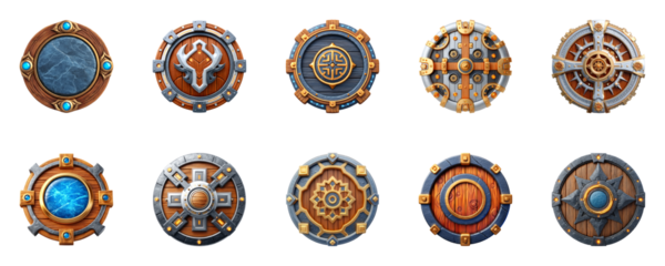 Collection of decorative shields with varied designs.
