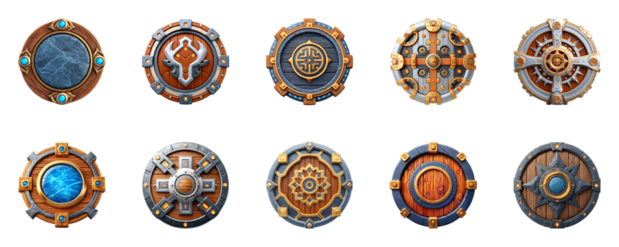 Collection of decorative shields with varied designs.
