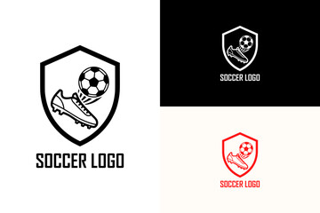boot hitting football inside shield illustration, icon, vector logo for football club, soccer team badge, professional football, sports, athletic, football league, football tournament, and more