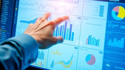 Business analyst pointing at data visualizations and charts on computer screen for analysis