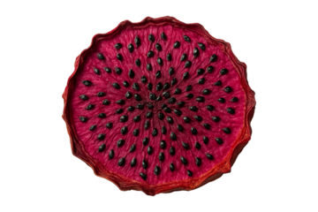 A decadent slice of dried red dragon fruit with vibrant magenta flesh and scattered black seeds, showing natural texture and symmetry on white background.
