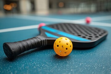 Close up view of a paddle and yellow ball on the court with vibrant colors, showcasing a moment in an exciting game of pickleball played indoors