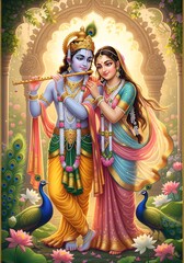 Divine radha krishna embrace with peacocks and lotus flowers in a golden aura