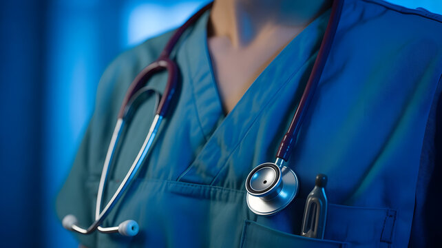 Close up of a medical professional wearing blue scrubs with a stethoscope around their neck in a dimly lit hospital setting 2025, 2026, dwonload,