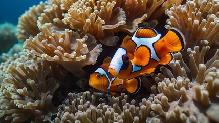 Two clownfish swimming among the anemones in a vibrant underwater coral reef environment setting