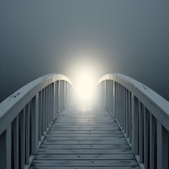 Fototapeta premium Arched White Wooden Bridge Curving Through Mist with Distant Glow | Atmospheric Tunnel of Light in Foggy Blue-Grey Background Creating Depth and Mysterious Journey Ambiance