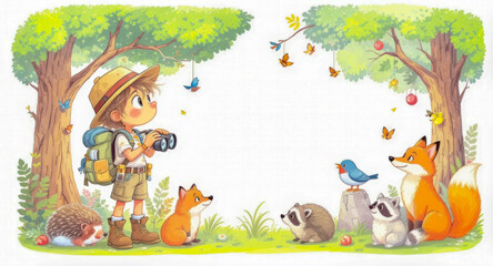 Obraz premium A curious boy explores the forest with binoculars, accompanied by friendly animals.