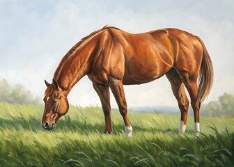 Majestic chestnut horse grazing peacefully in a lush green pasture under a soft blue sky