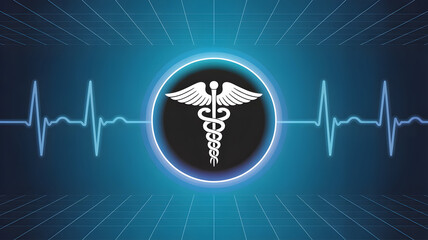 Digital caduceus symbol of medicine and healthcare with futuristic blue neon ecg heartbeat line on circuit board background 2025, 2026, dwonload,