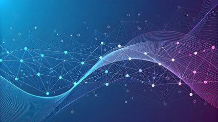 Fototapeta premium Abstract digital wave of glowing particles and interconnected lines representing data flow and technology on a dark blue background 2025, 2026, dwonload,