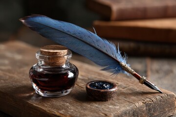Quill pen and inkwell resting on wooden desk with antique books in a serene workspace, capturing the essence of timeless writing traditions