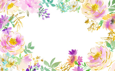 Vector frame illustration of abstract pink and purple peonies and wild flowers with gold line art painted in watercolor. Hand painted elegant floral background for wedding invitation.