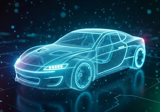 Futuristic holographic blueprint of a sports car, showcasing advanced automotive technology and design with a glowing neon outline against a dark, digital background - Powered by Adobe