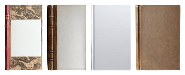 Fototapeta premium Four distinct book covers displayed side by side featuring antique plain and modern designs transparent background