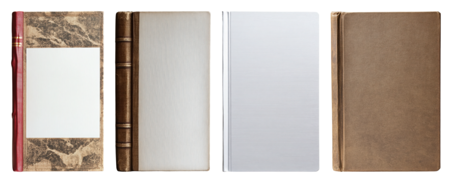 Four distinct book covers displayed side by side featuring antique plain and modern designs transparent background