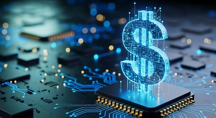 Digital dollar sign glowing on a computer circuit board, representing financial technology and the future of currency in a connected world