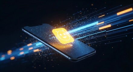 Futuristic smartphone displaying a glowing chatbot symbol with abstract blue and orange light trails symbolizing fast data transfer and digital connectivity