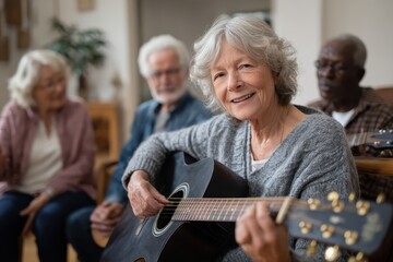 Seniors engage in joyful guitar lessons and bonding moments during a music workshop at a community center