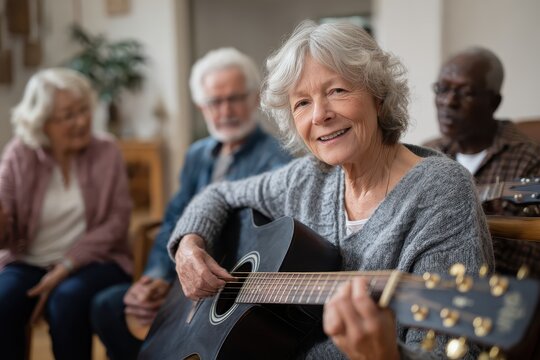 Seniors engage in joyful guitar lessons and bonding moments during a music workshop at a community center