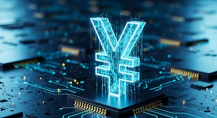 Glowing blue digital yuan symbol on a futuristic circuit board, representing chinas digital currency and financial technology