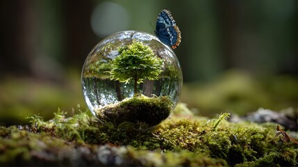 A crystal ball on mossy ground, a little tree inside, with a butterfly admiring it, representing preservation